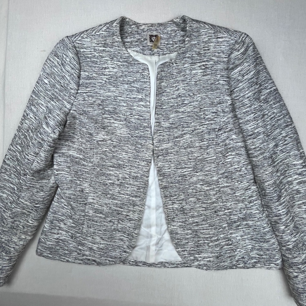 Anne Klein Womens Black White Tweed Open Front Collarless Blazer Jacket Size 12